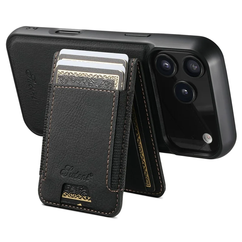 SUTENI H17 For iPhone 17 Pro Max Magnetic Case Card Slots Leather + TPU Kickstand Phone Cover - Black