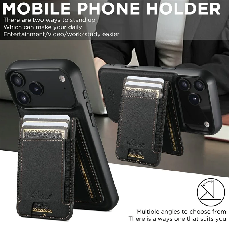SUTENI H17 For iPhone 17 Pro Max Magnetic Case Card Slots Leather + TPU Kickstand Phone Cover - Black