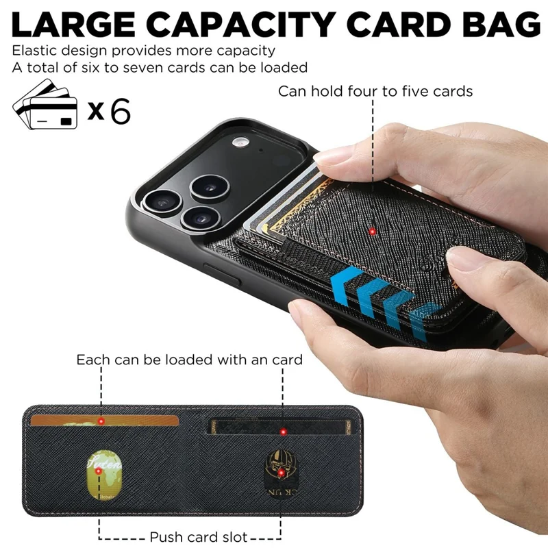 SUTENI H17 For iPhone 17 Pro Magnetic Case Cross Texture Leather Phone Back Cover with Detachable Card Bag - Black