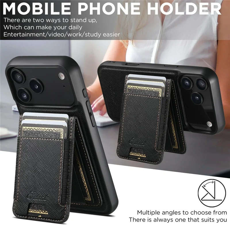 SUTENI H17 For iPhone 17 Pro Magnetic Case Cross Texture Leather Phone Back Cover with Detachable Card Bag - Black