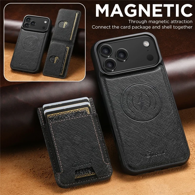 SUTENI H17 For iPhone 17 Pro Magnetic Case Cross Texture Leather Phone Back Cover with Detachable Card Bag - Black