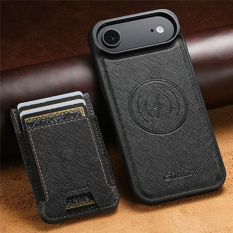 SUTENI H17 For iPhone Air Magnetic Case Cross Texture Leather Phone Back Cover with Detachable Card Bag - Black