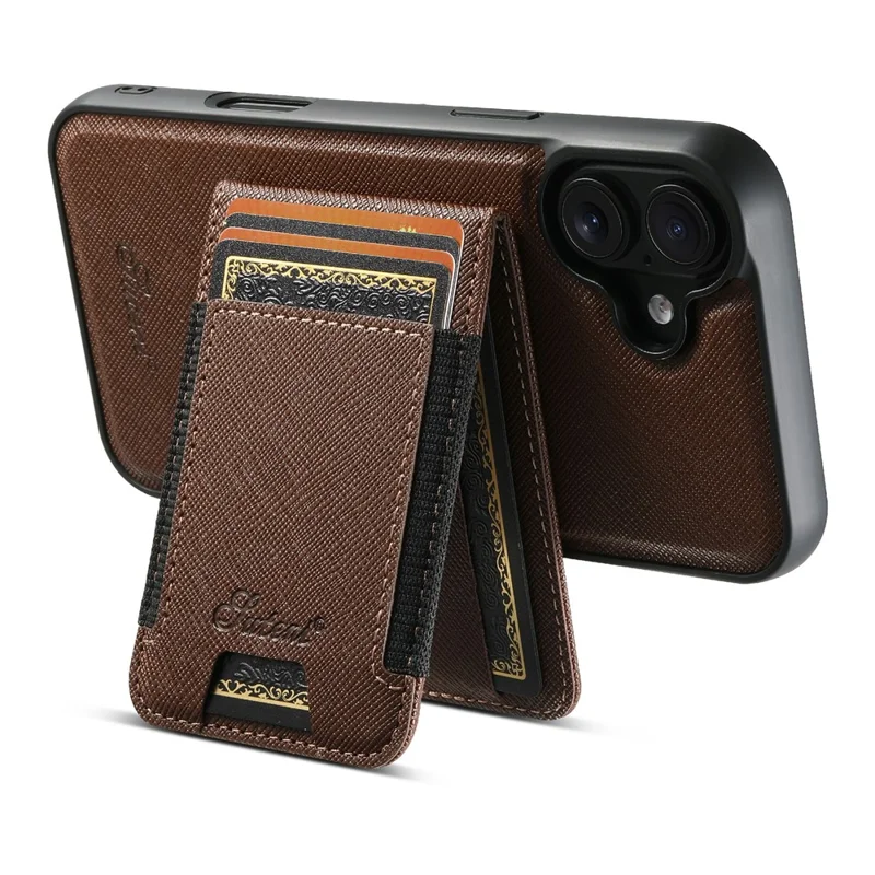 SUTENI H17 For iPhone 17 Magnetic Case Cross Texture Leather Phone Back Cover with Detachable Card Bag - Brown