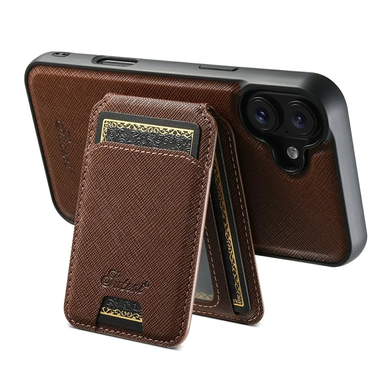 SUTENI H18 For iPhone 17 Magnetic Case Cross Texture Leather + TPU Cover with Detachable Card Bag - Brown