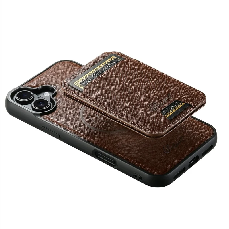SUTENI H18 For iPhone 17 Magnetic Case Cross Texture Leather + TPU Cover with Detachable Card Bag - Brown
