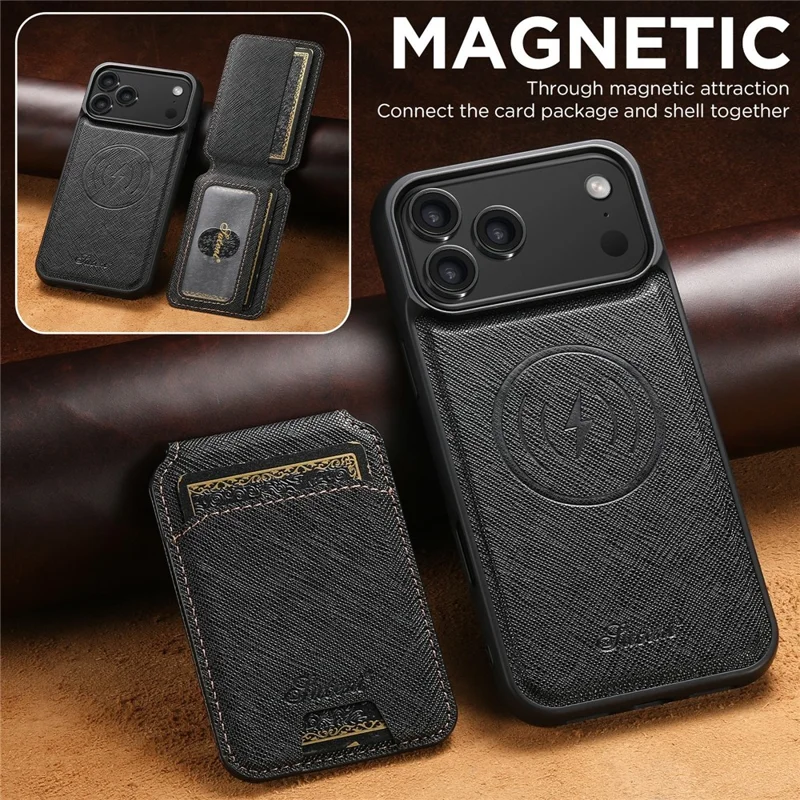 SUTENI H18 For iPhone 17 Pro Magnetic Case Cross Texture Leather + TPU Cover with Detachable Card Bag - Black