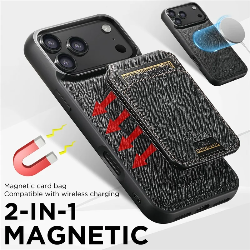 SUTENI H18 For iPhone 17 Pro Magnetic Case Cross Texture Leather + TPU Cover with Detachable Card Bag - Black