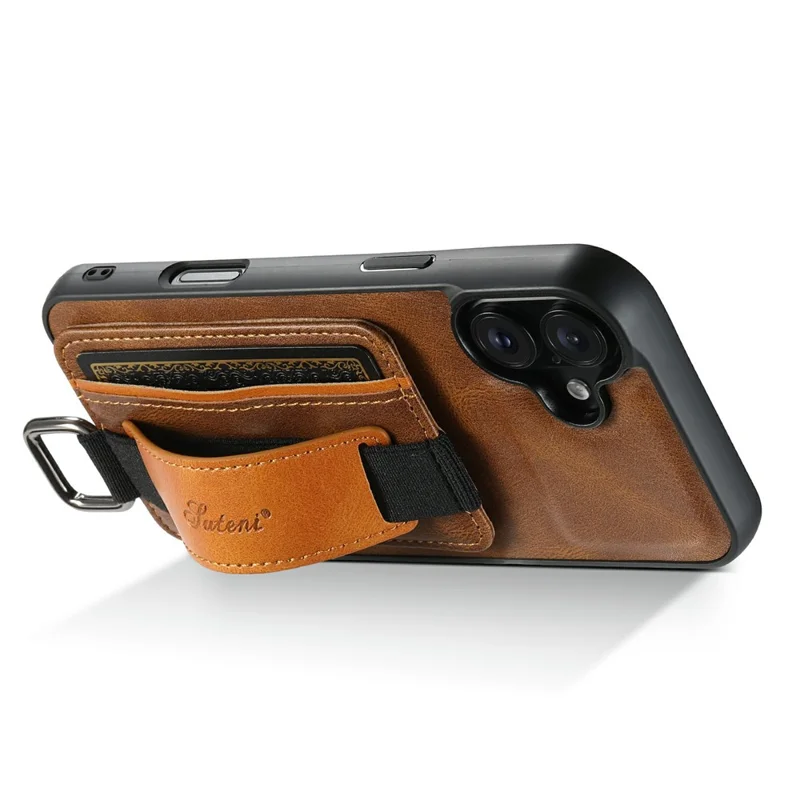 SUTENI H13 For iPhone 17 Case Card Holder Wristband Waxy Texture Leather + TPU + PC Phone Cover - Brown