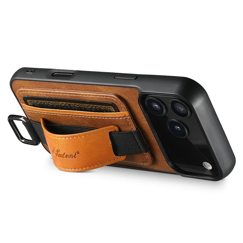 SUTENI H13 For iPhone 17 Pro Case Card Holder Wristband Waxy Texture Leather + TPU + PC Cover - Brown