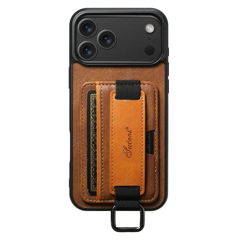 SUTENI H13 For iPhone 17 Pro Case Card Holder Wristband Waxy Texture Leather + TPU + PC Cover - Brown