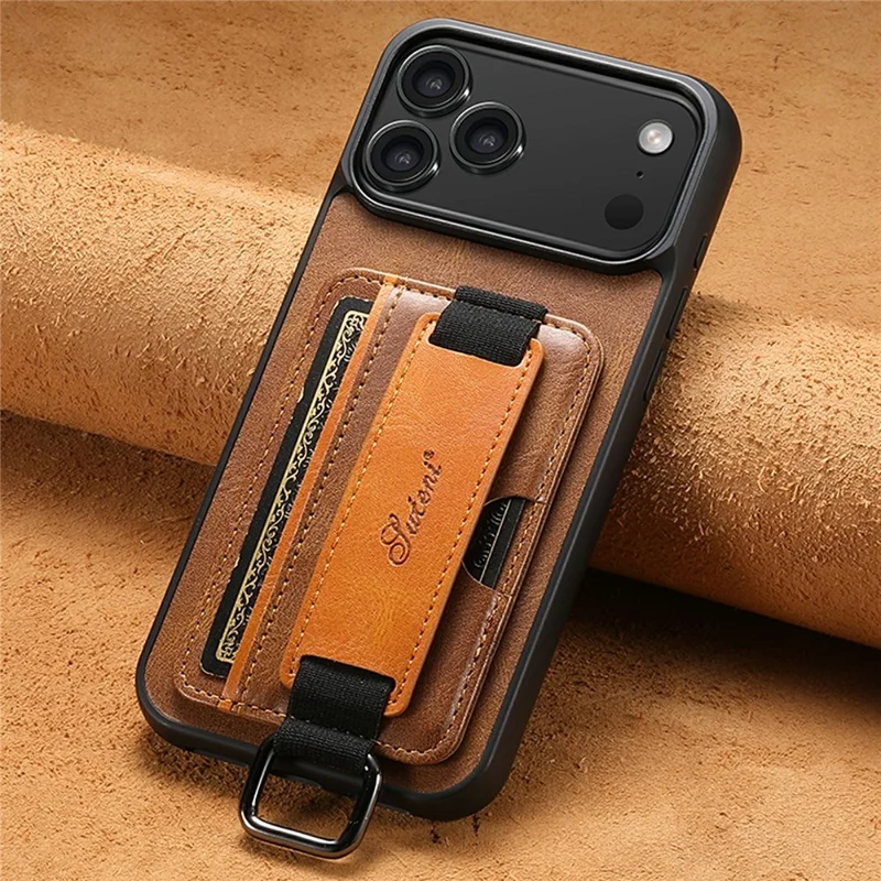 SUTENI H13 For iPhone 17 Pro Case Card Holder Wristband Waxy Texture Leather + TPU + PC Cover - Brown
