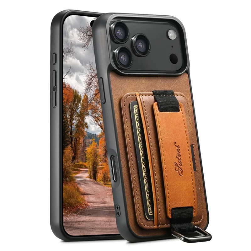 SUTENI H13 For iPhone 17 Pro Max Case Card Holder Wristband Waxy Texture Leather + TPU + PC Cover - Brown