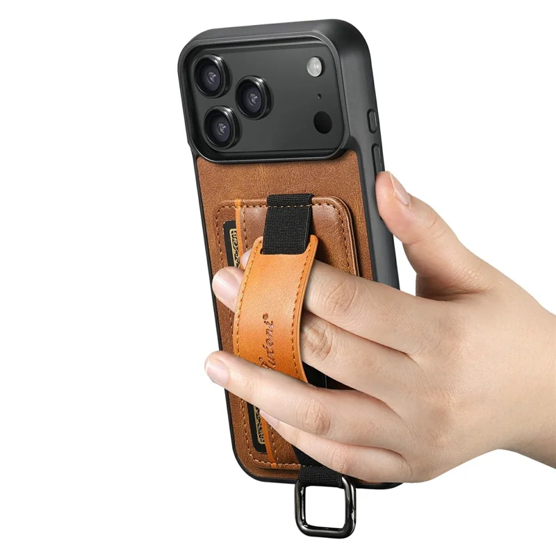 SUTENI H13 For iPhone 17 Pro Max Case Card Holder Wristband Waxy Texture Leather + TPU + PC Cover - Brown