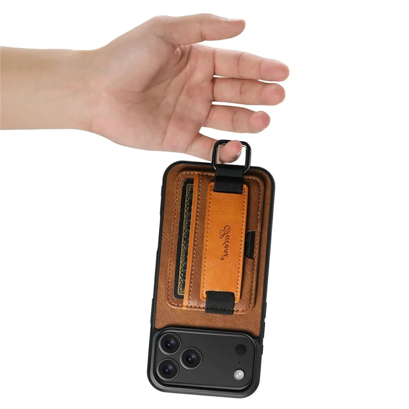 SUTENI H13 For iPhone 17 Pro Max Case Card Holder Wristband Waxy Texture Leather + TPU + PC Cover - Brown