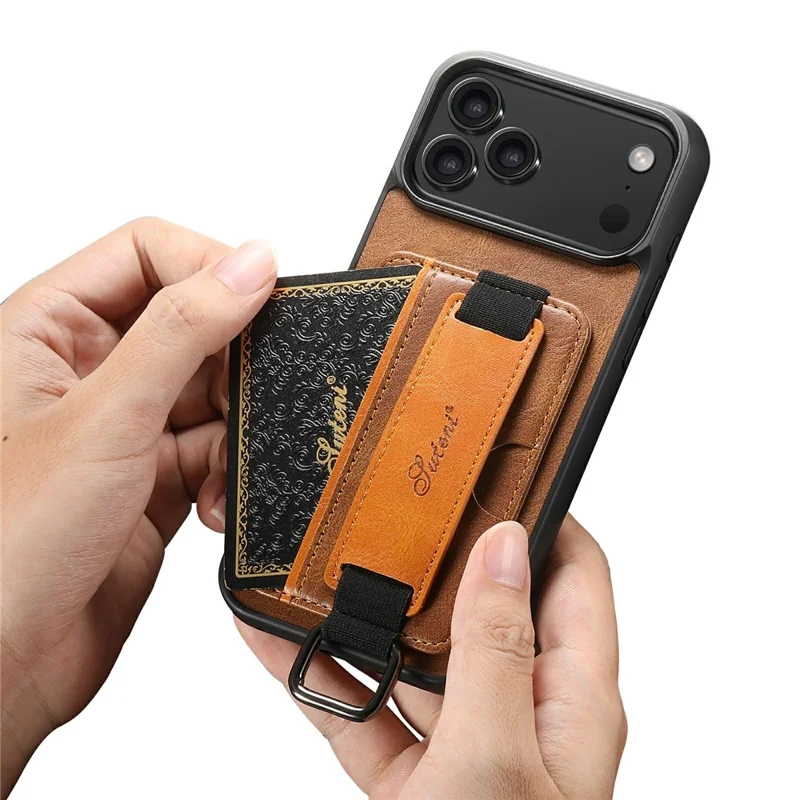 SUTENI H13 For iPhone 17 Pro Max Case Card Holder Wristband Waxy Texture Leather + TPU + PC Cover - Brown