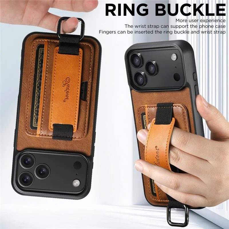 SUTENI H13 For iPhone 17 Pro Max Case Card Holder Wristband Waxy Texture Leather + TPU + PC Cover - Brown