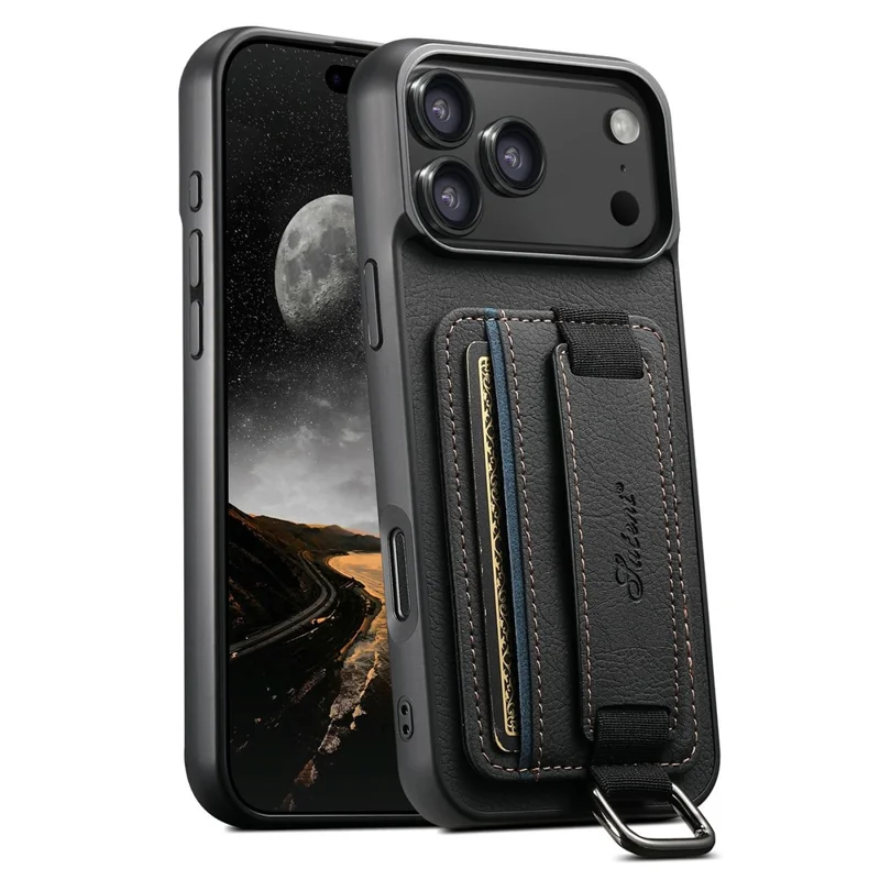 SUTENI H13 Чехол для iPhone 17 Pro Max с текстурой кожи личи + TPU + ПК с держателем карты и подставкой - Черный