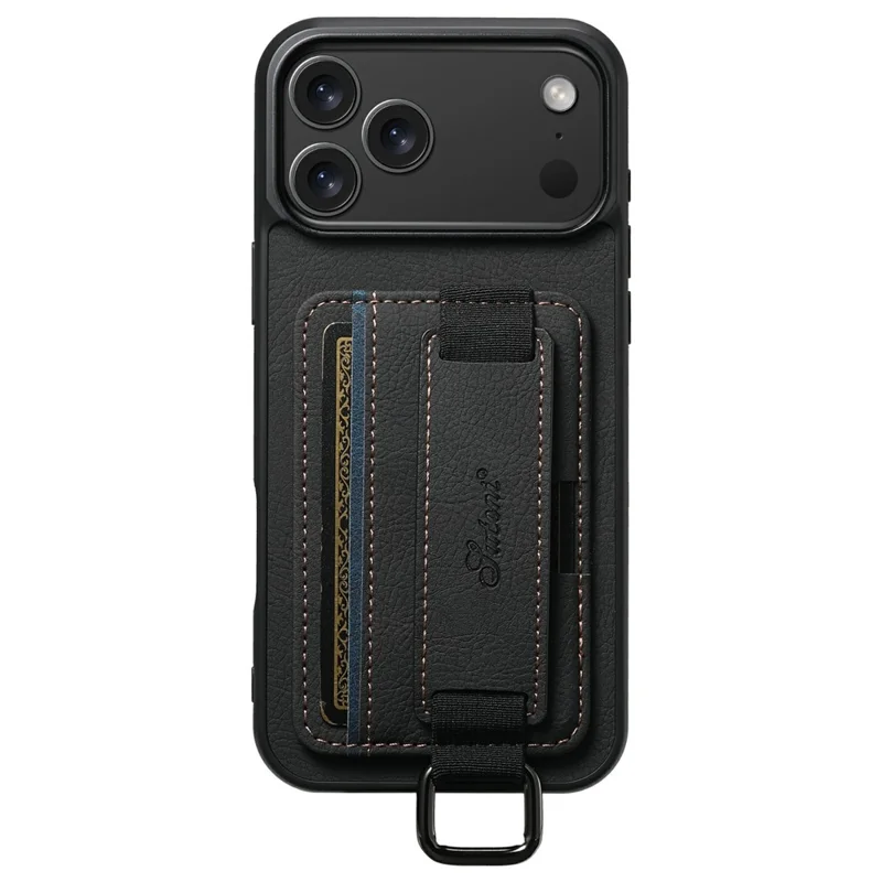 SUTENI H13 Чехол для iPhone 17 Pro Max с текстурой кожи личи + TPU + ПК с держателем карты и подставкой - Черный