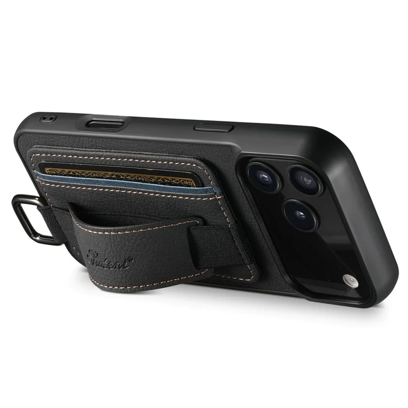 SUTENI H13 iPhone 17 Pro Hülle Ledertextur mit Kartenhalter und Ständer - Schwarz