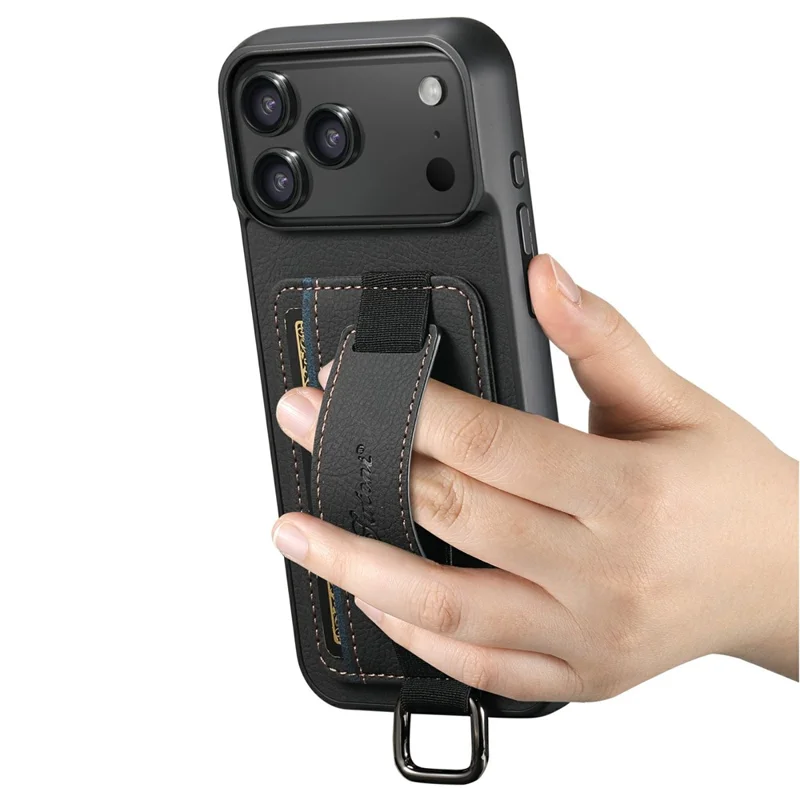SUTENI H13 iPhone 17 Pro Hülle Ledertextur mit Kartenhalter und Ständer - Schwarz