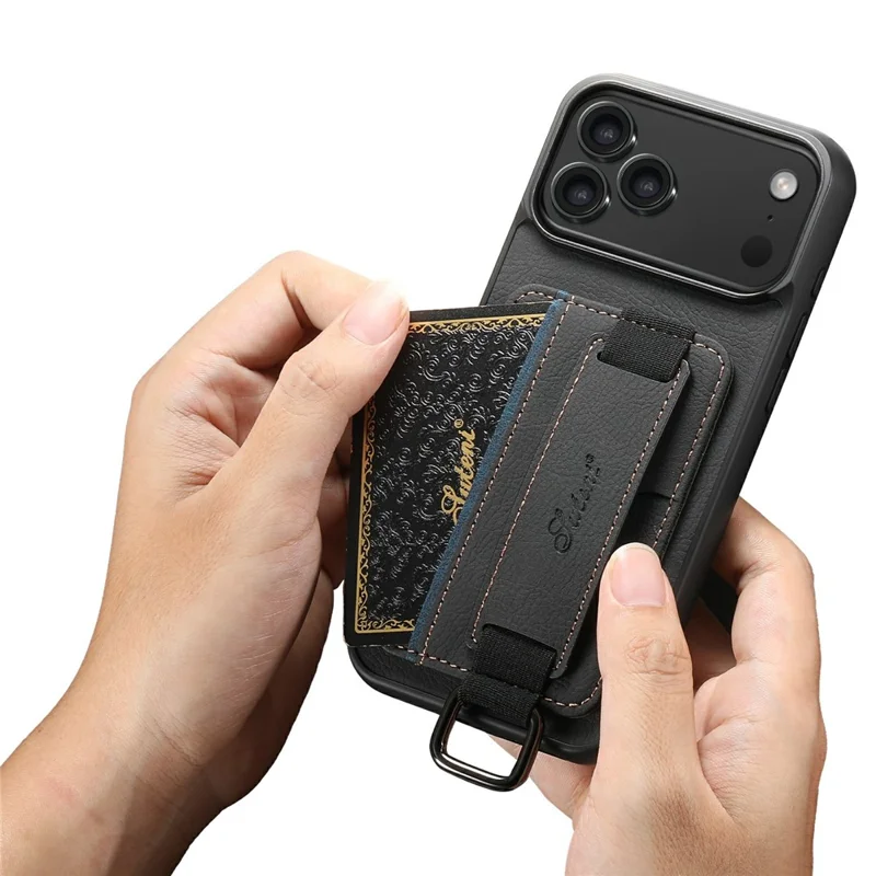 SUTENI H13 iPhone 17 Pro Hülle Ledertextur mit Kartenhalter und Ständer - Schwarz