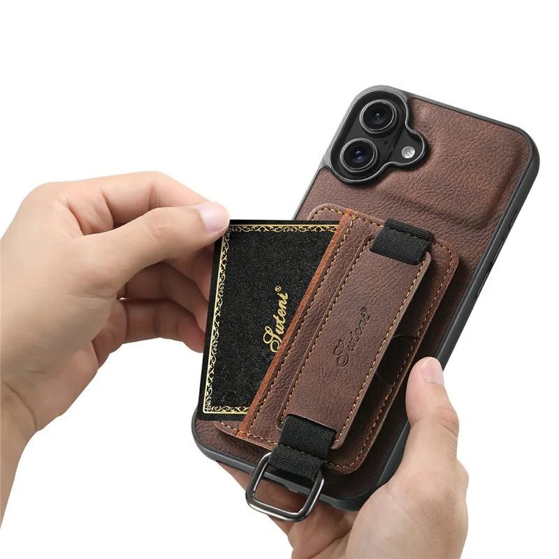 Capa SUTENI H13 para iPhone 17 com Textura de Couro de Lichia + TPU + PC com Suporte para Cartão e Apoio de Mesa - Marrom