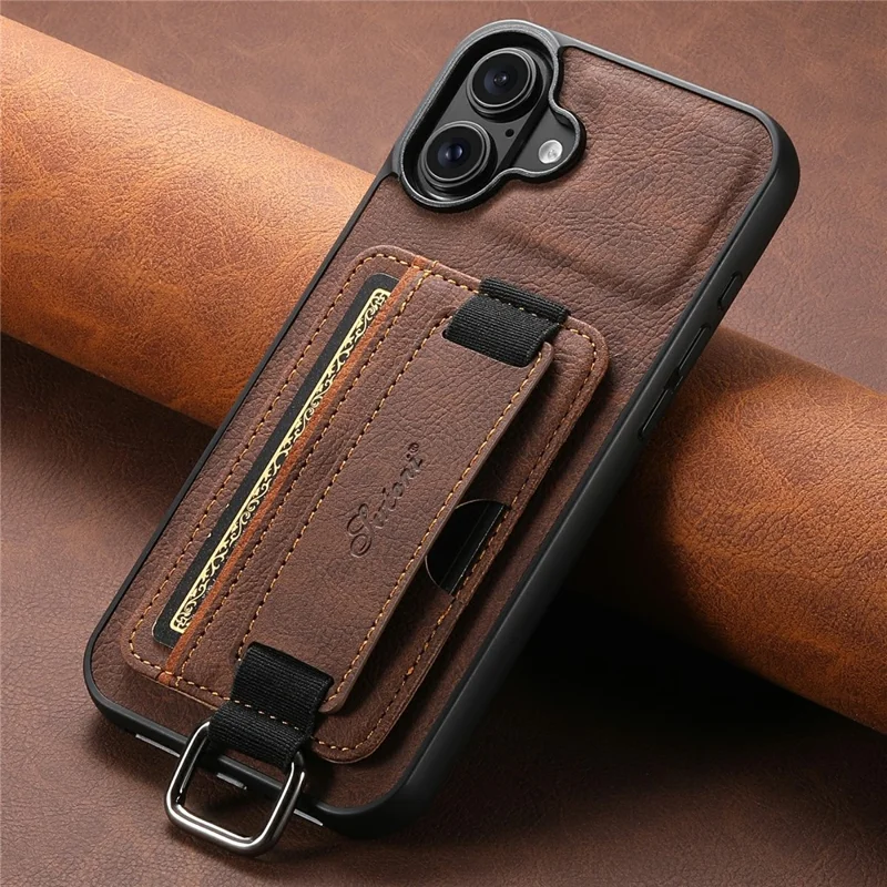 Capa SUTENI H13 para iPhone 17 com Textura de Couro de Lichia + TPU + PC com Suporte para Cartão e Apoio de Mesa - Marrom