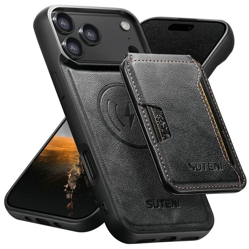 SUTENI M3 För iPhone 17 Pro Max Magnetisk Skal Med Skinnstruktur Av Kuhud, Bakdelsöverdrag Med Kortficka Och Stöd - Svart