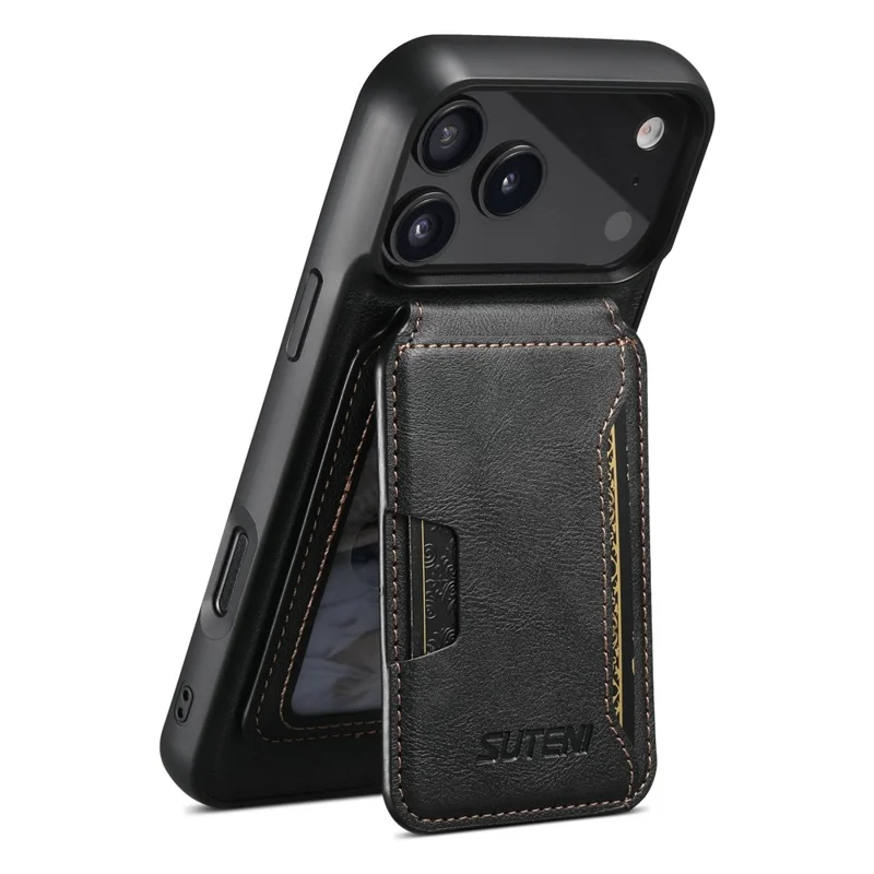SUTENI M3 För iPhone 17 Pro Max Magnetisk Skal Med Skinnstruktur Av Kuhud, Bakdelsöverdrag Med Kortficka Och Stöd - Svart