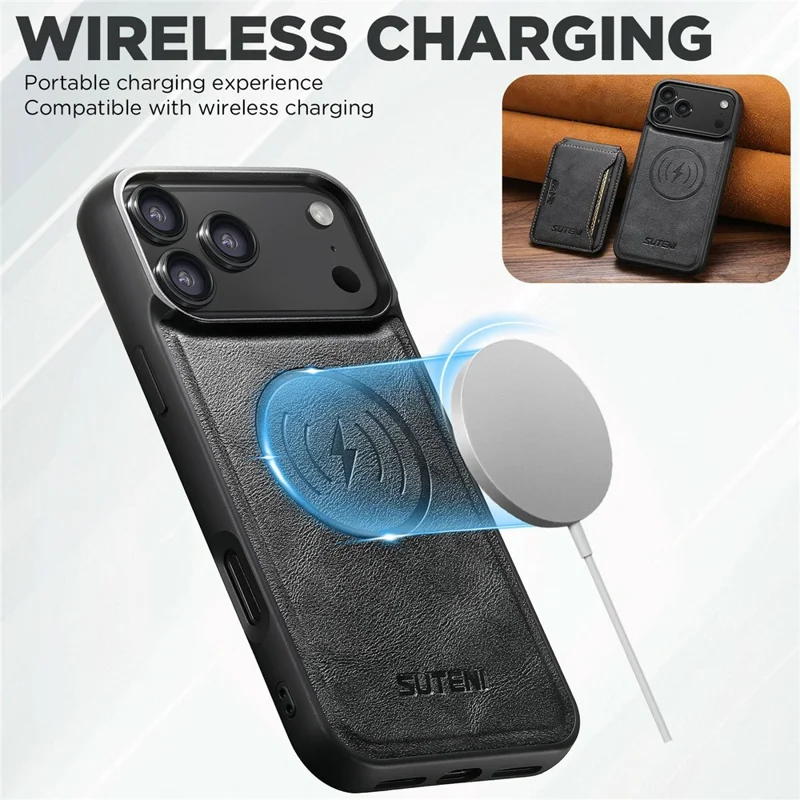 SUTENI M3 För iPhone 17 Pro Max Magnetisk Skal Med Skinnstruktur Av Kuhud, Bakdelsöverdrag Med Kortficka Och Stöd - Svart