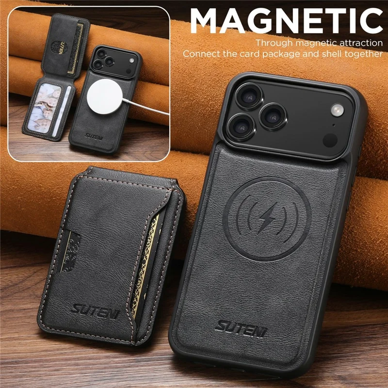 SUTENI M3 För iPhone 17 Pro Max Magnetisk Skal Med Skinnstruktur Av Kuhud, Bakdelsöverdrag Med Kortficka Och Stöd - Svart