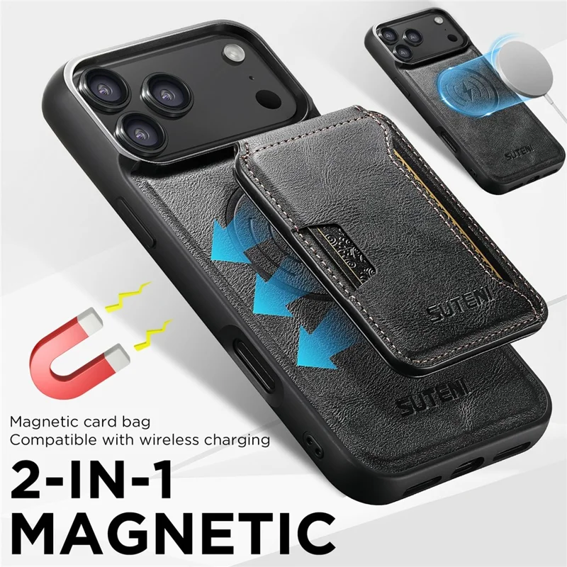 SUTENI M3 För iPhone 17 Pro Max Magnetisk Skal Med Skinnstruktur Av Kuhud, Bakdelsöverdrag Med Kortficka Och Stöd - Svart