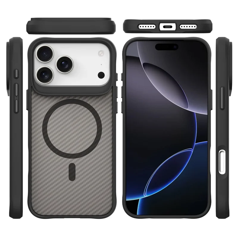 For iPhone 17 Pro Case Magnetic Carbon Fiber Texture Phone Cover - Black