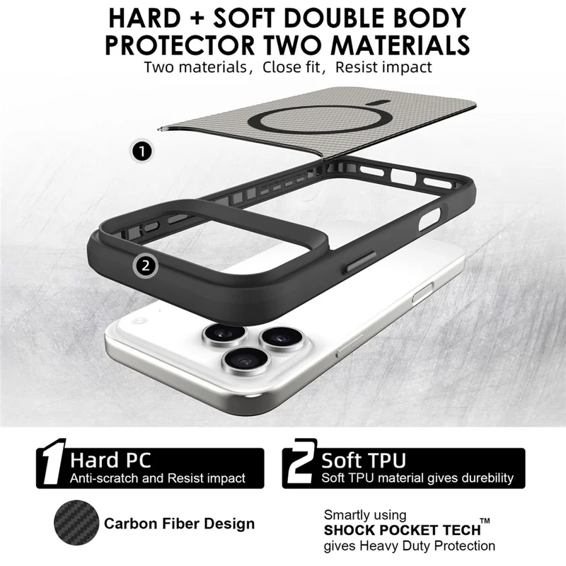 For iPhone 17 Pro Case Magnetic Carbon Fiber Texture Phone Cover - Black