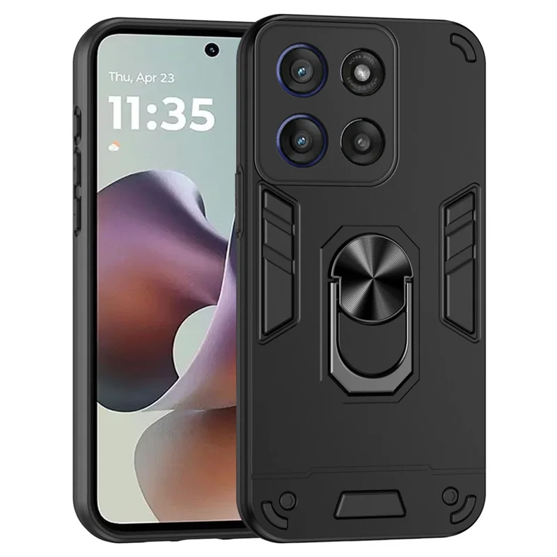 For Motorola Moto G56 5G Case PC + TPU Drop Defend Phone Cover with Ring Kickstand - Black