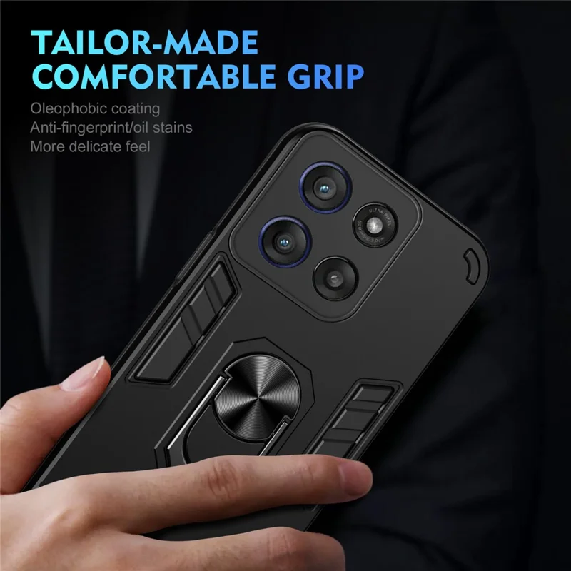 For Motorola Moto G56 5G Case PC + TPU Drop Defend Phone Cover with Ring Kickstand - Black