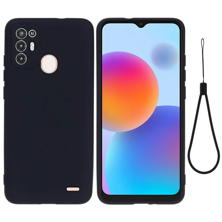 Para ZTE Blade A52 Liquid Silicone Phone Case de Fibra Macia Forro Anti-arranhão Tampa de Proteção Contra Pulseira Com Cinta - Preto