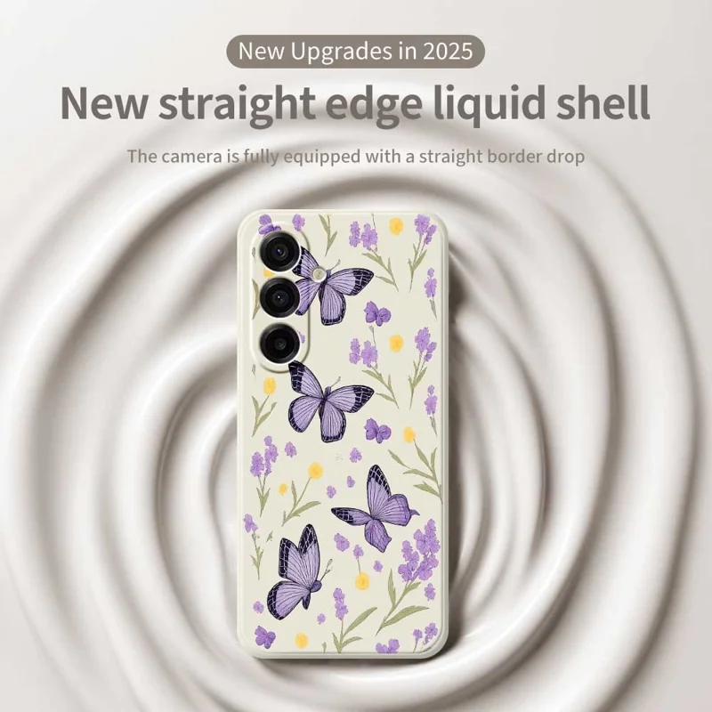 For Samsung Galaxy A17 5G / 4G Case Purple Butterflies Pattern Printing Straight Edge TPU Phone Back Cover - Beige