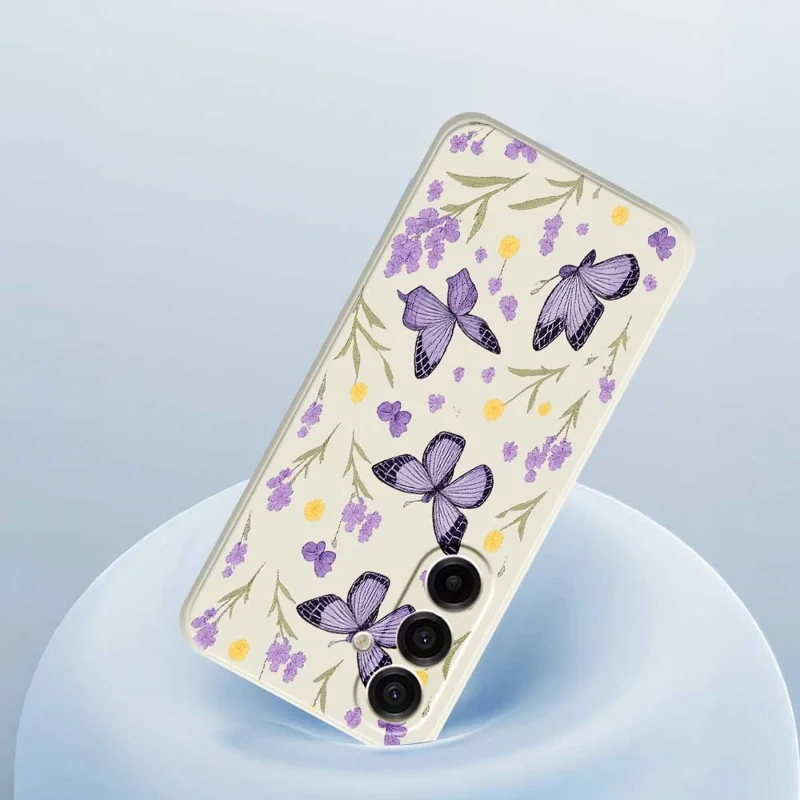 For Samsung Galaxy A17 5G / 4G Case Purple Butterflies Pattern Printing Straight Edge TPU Phone Back Cover - Beige