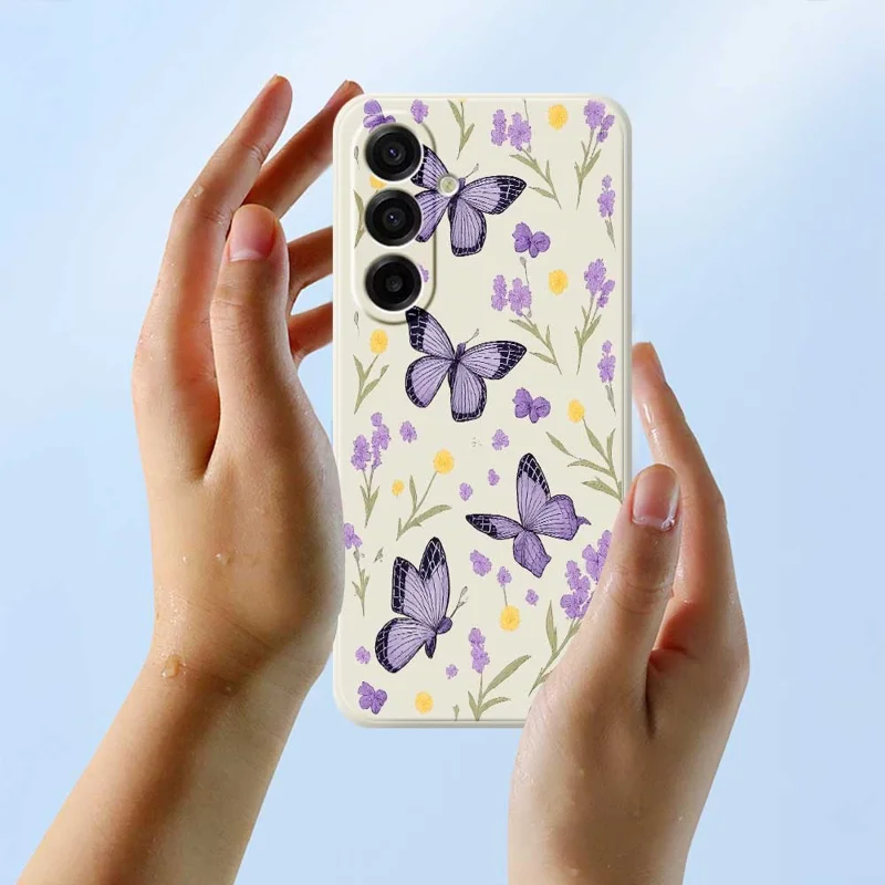 For Samsung Galaxy A17 5G / 4G Case Purple Butterflies Pattern Printing Straight Edge TPU Phone Back Cover - Beige