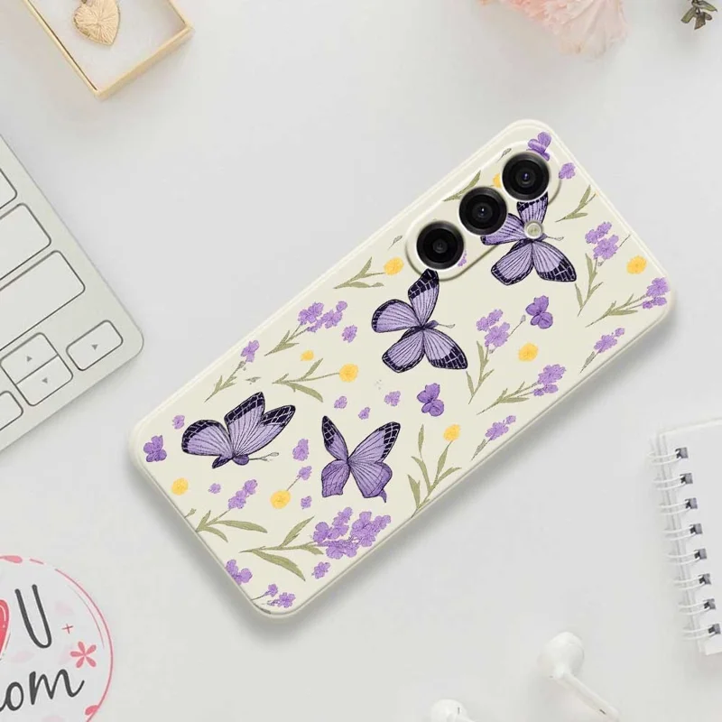 For Samsung Galaxy A17 5G / 4G Case Purple Butterflies Pattern Printing Straight Edge TPU Phone Back Cover - Beige