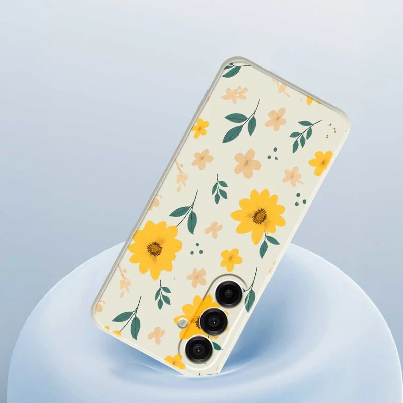 For Samsung Galaxy A17 5G Case Yellow Floral and Leaves Pattern Printing Straight Edge TPU Phone Back Cover - Beige