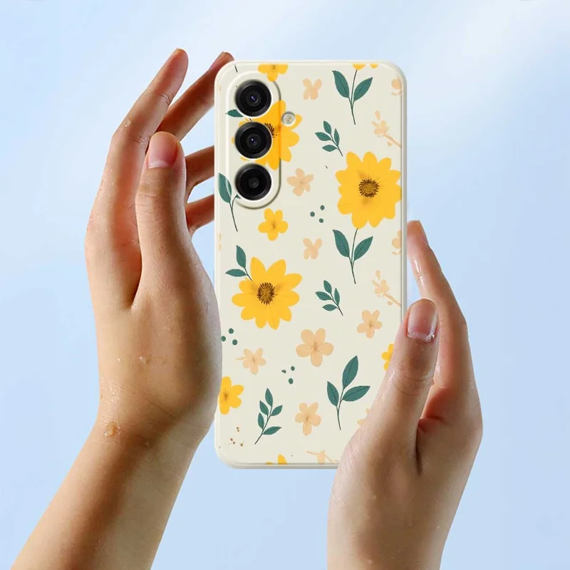 For Samsung Galaxy A17 5G Case Yellow Floral and Leaves Pattern Printing Straight Edge TPU Phone Back Cover - Beige