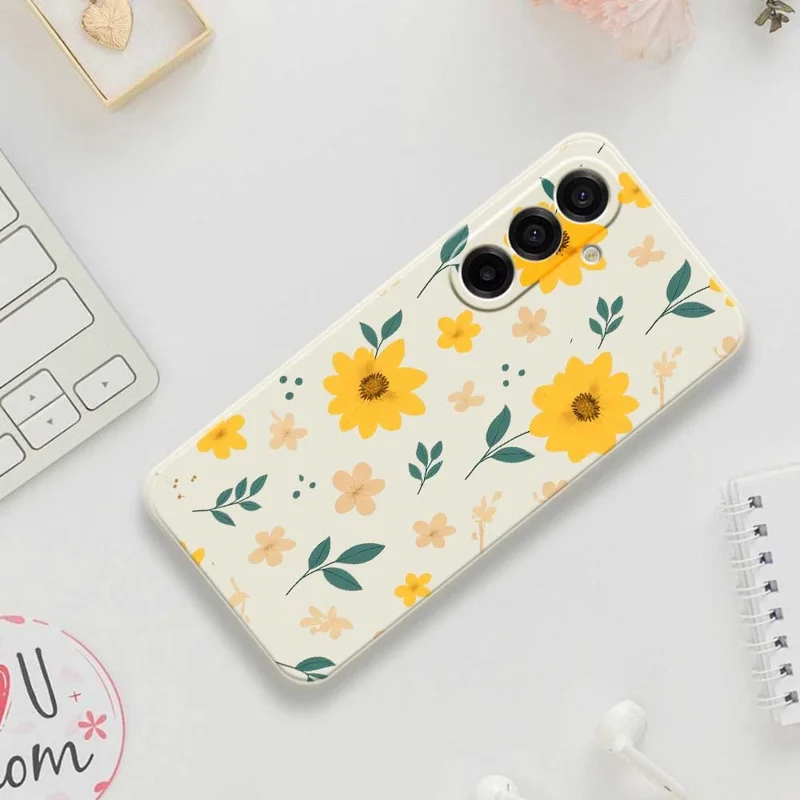 For Samsung Galaxy A17 5G Case Yellow Floral and Leaves Pattern Printing Straight Edge TPU Phone Back Cover - Beige