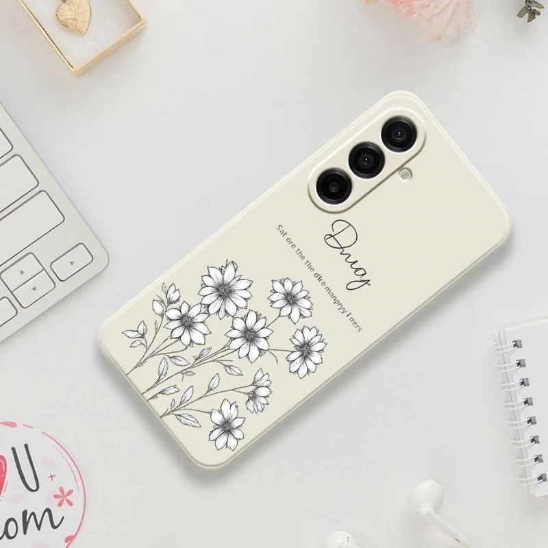 For Samsung Galaxy A17 5G / A17 4G Case Sketch Flowers Pattern Printing Straight Edge TPU Phone Back Cover - Beige