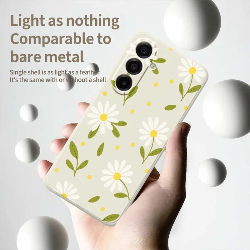 For Samsung Galaxy A17 5G Case White Flowers Green Leaves Pattern Printing Straight Edge TPU Phone Back Cover - Beige