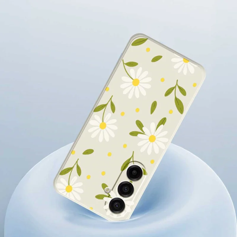 For Samsung Galaxy A17 5G Case White Flowers Green Leaves Pattern Printing Straight Edge TPU Phone Back Cover - Beige