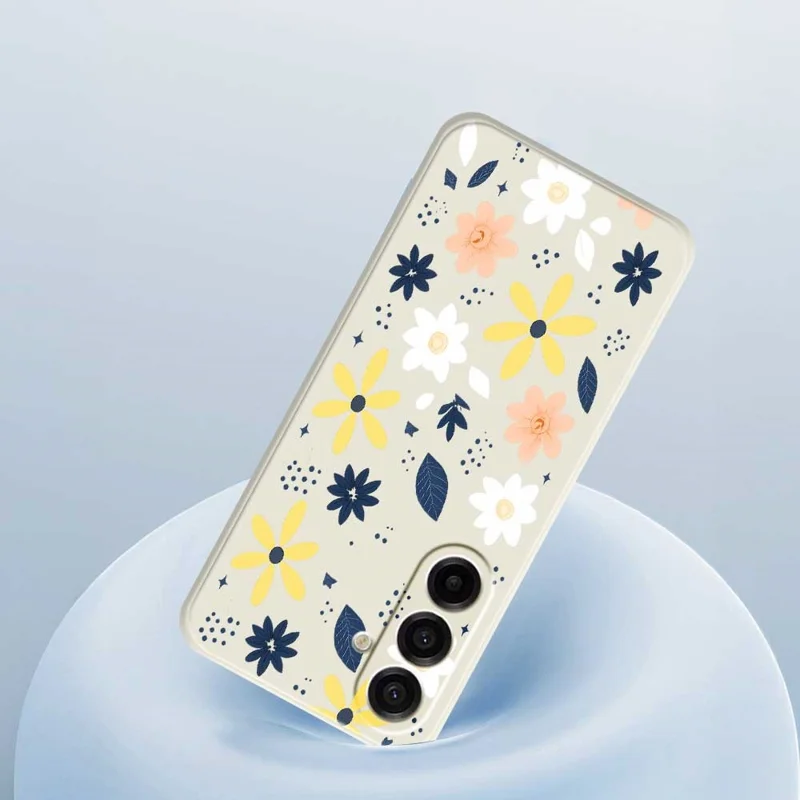 Étui pour Samsung Galaxy A17 5G Motif Floral Bleu à Feuilles Colorées Impression Bords Droits Coque Arrière TPU pour Téléphone - Beige