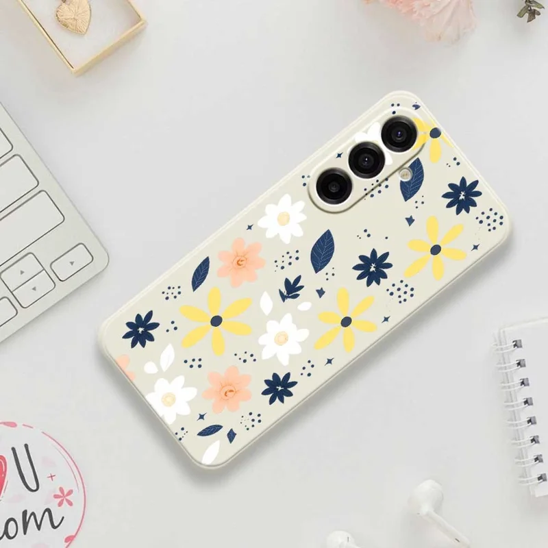 Étui pour Samsung Galaxy A17 5G Motif Floral Bleu à Feuilles Colorées Impression Bords Droits Coque Arrière TPU pour Téléphone - Beige