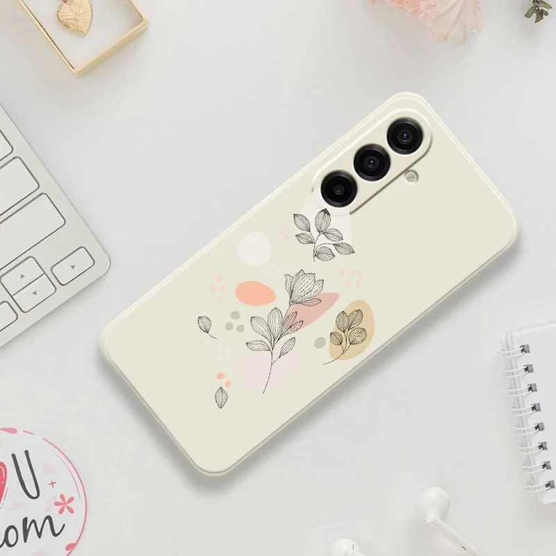 For Samsung Galaxy A17 5G / A17 4G Case Sketch Leaves Pattern Printing Straight Edge TPU Phone Back Cover - Beige